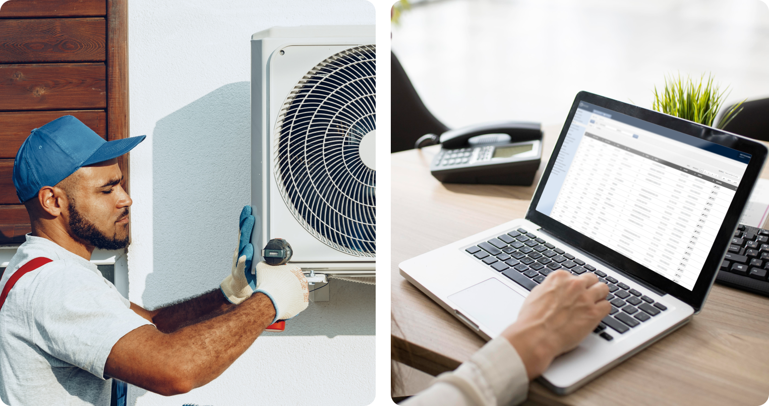 A man uses scheduling software integration on a laptop while another fixes an AC unit nearby.