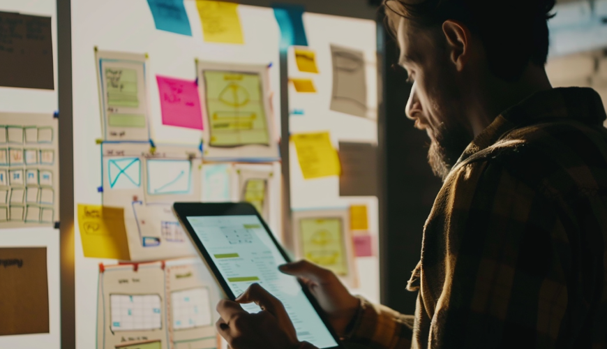 A man using a tablet to design a website, focusing on UX and UI elements for an enhanced user experience.