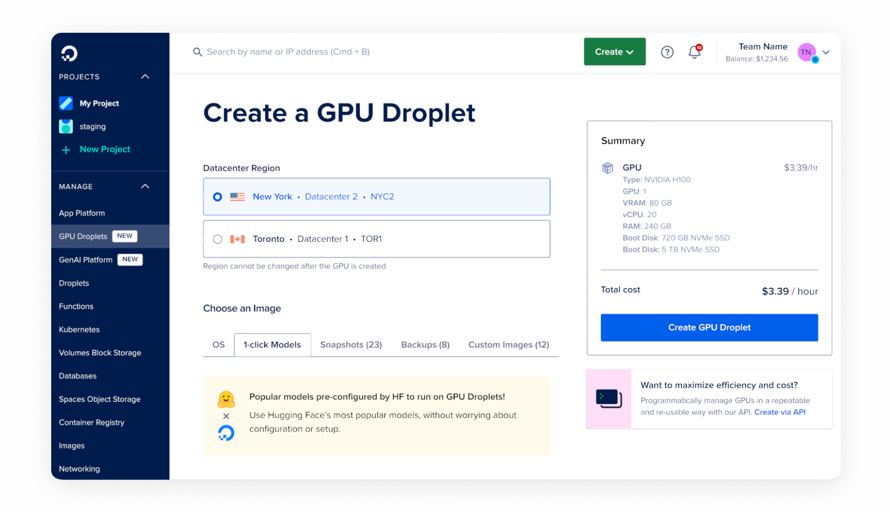 A user interface for creating a CPU droplet, showcasing cloud computing and software as a service in Infrastructure as a Service.