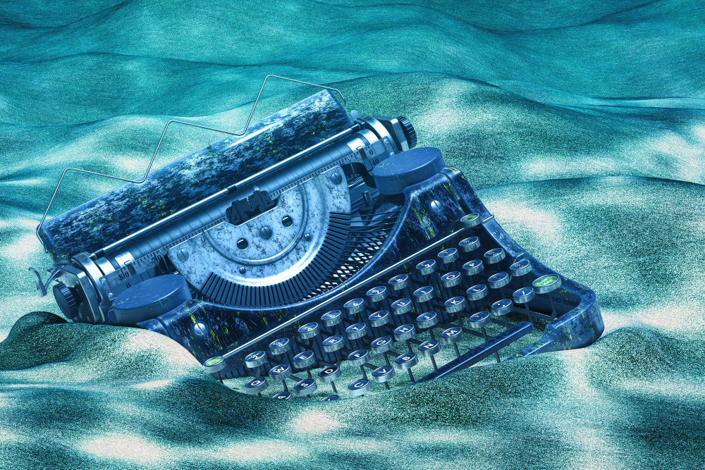 A typewriter partially submerged in the ocean, symbolizing outdated content as a sign for website redesign.