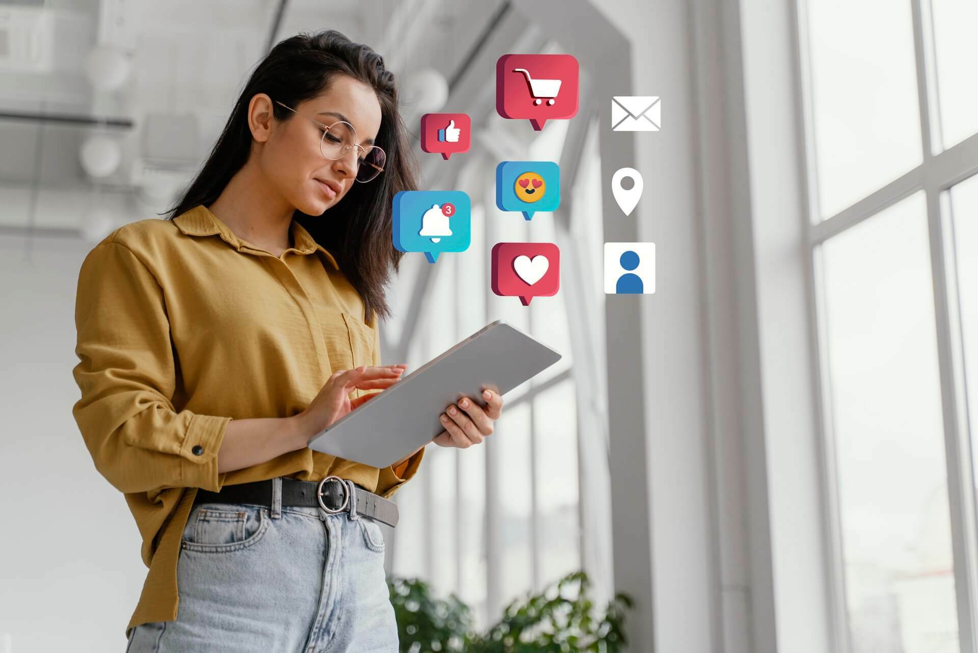 A woman holding a tablet showcasing social media icons, highlighting the integration of social media profiles with website design