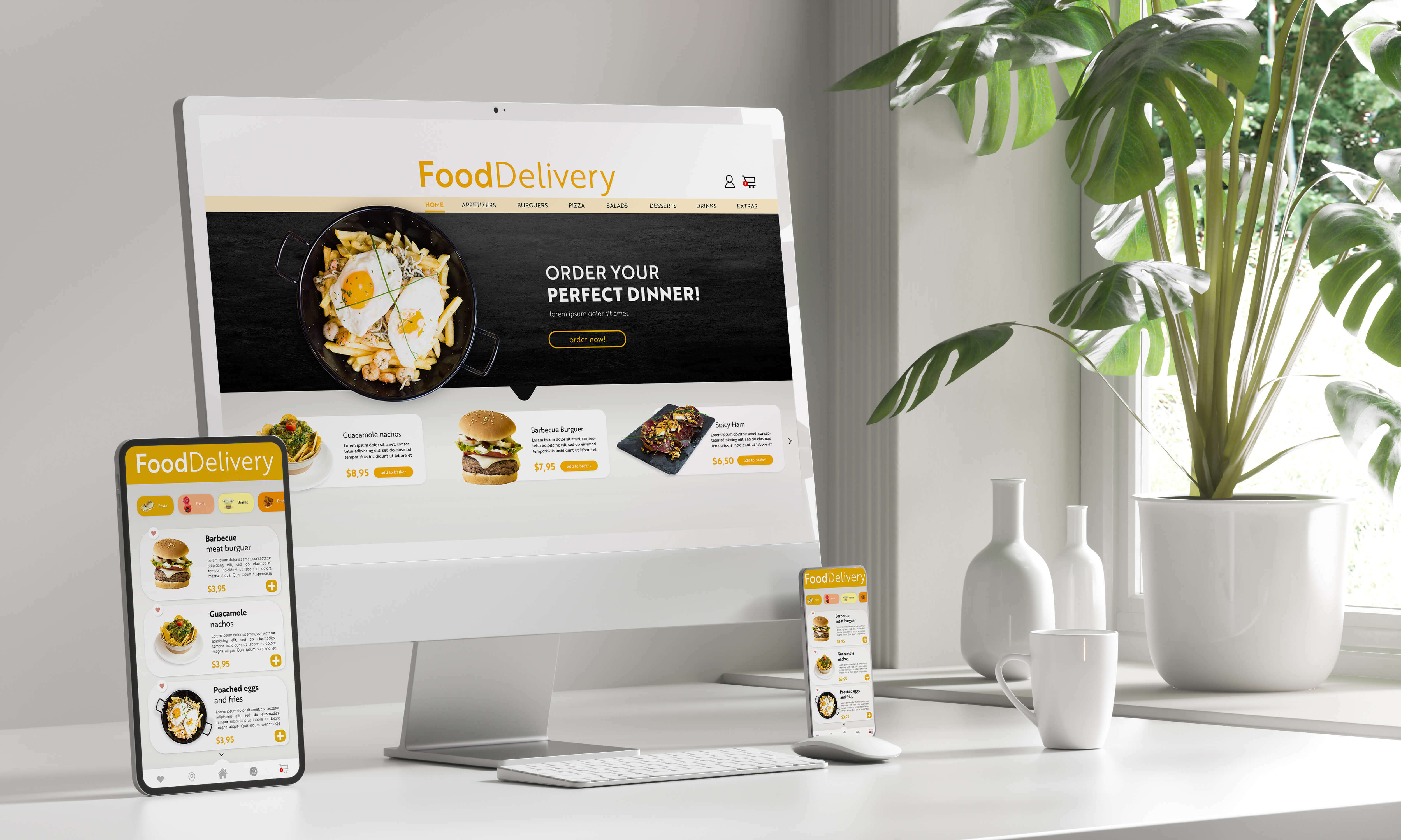 Food delivery screens on White devices showcasing responsive website design